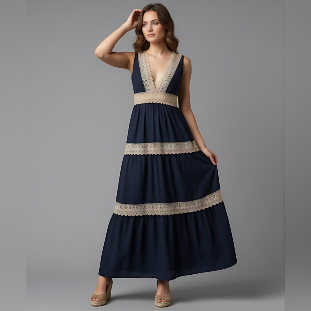 LAST ONE 🔥 Boho Deep V-Neck Lace Trimmed Sleeveless Dress Blue